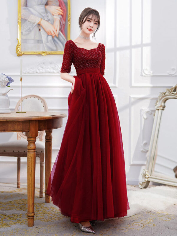 Wine Red Long Sleeve Engagement Evening Dress, Female Long Sleeve Back Door Evening Dress in Wine Red, Elegant Wine Red Evening Dress with Long Sleeves