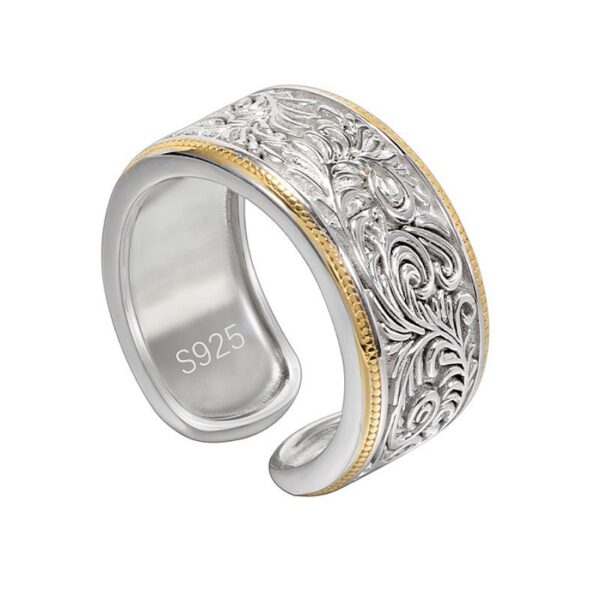 Gold and Silver Contrast Color Tang Grass Pattern Ring, Stylish Tang Grass Pattern Ring with Gold and Silver Contrast, Elegant Gold-Silver Contrast Ring with Tang Grass Design