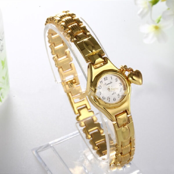 Gold Women's Bracelet Watch with Honey Heart Rhinestone, Elegant Gold Bracelet Watch with Rhinestone Details for Women, Casual Stainless Steel Watch with Heart Rhinestones