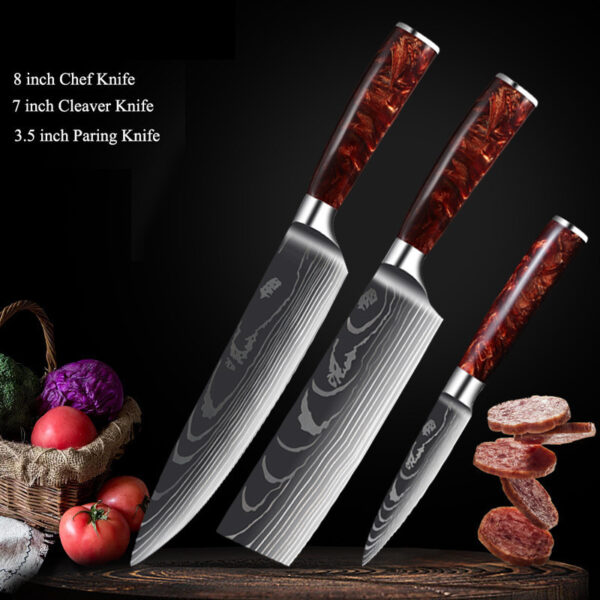 Red Resin Handle Damascus Laser Pattern Kitchen Knife Set, Stylish Damascus Kitchen Knives with Red Resin Handle, Premium Damascus Steel Knife Set with Laser Pattern