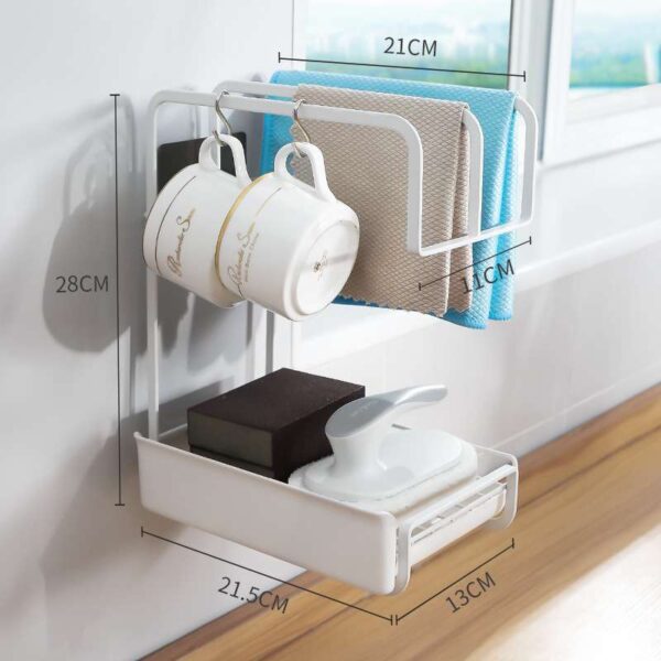 Wall-Mounted Sponge Holder with Drain Tray, Kitchen Organizer for Sponges and Brushes, Adjustable Sink Rack for Soap and Dish Drainage