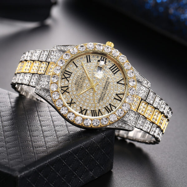 Full Diamond Surface Roman Scale Steel Watch, Luxury Diamond-Encrusted Roman Scale Steel Watch, Elegant Full-Diamond Roman Steel Watch