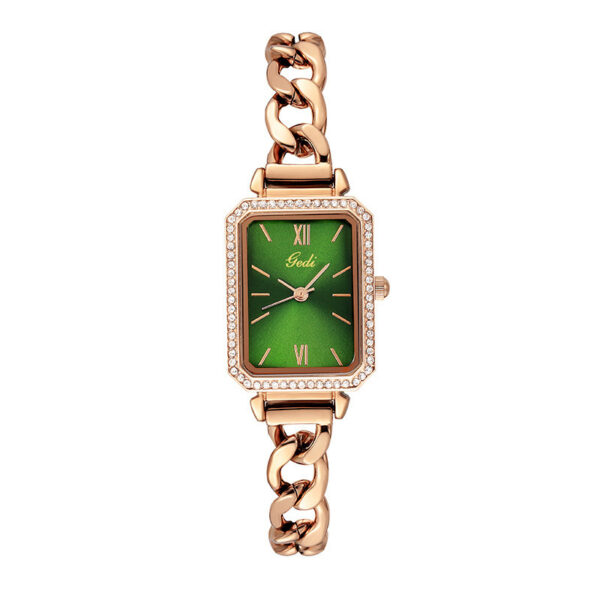 Luxury Rhinestone Denim Watch with Small Green Accent, Elegant Denim Watch with Rhinestones and Green Detail