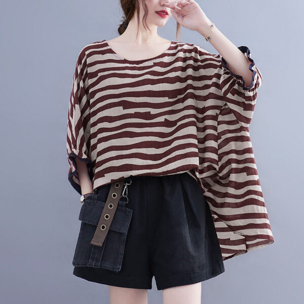 Summer Women's Loose Plus Size Striped Batwing Sleeve T-shirt, Plus Size Striped Batwing Sleeve T-shirt for Summer, Women's Summer Loose Striped Batwing T-shirt