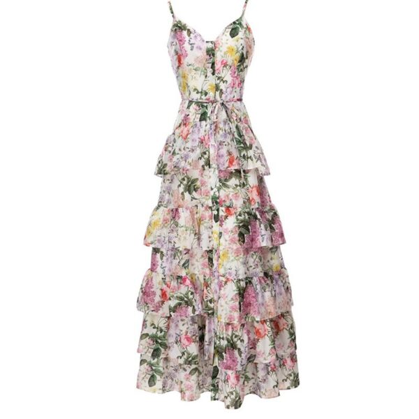 Elegant Single-Breasted Spaghetti-Strap Floral Print Dress, New Ruffled Large Swing Dress, Stylish Floral Print Ruffled Dress