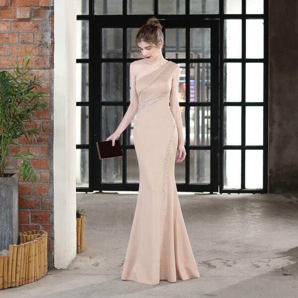 Toast Dress for Bride, Long One-Shoulder Fishtail Skirt, Slim Fit Banquet Dress, Elegant Thank You Toast Gown