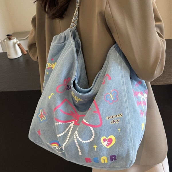 Women's Graffiti Denim Canvas Shoulder Bag, Niche Large Capacity Casual Tote, Stylish Single Shoulder Bag for Women