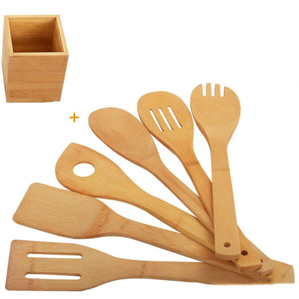 Eco-Friendly Bamboo Spatula Set with Ergonomic Handle and Square Holder, Sustainable Bamboo Kitchen Utensils, Stylish and Functional Bamboo Cooking Tools