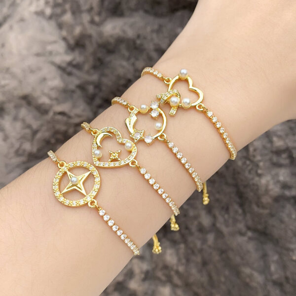 Geometric Heart Shape Pearl and Zircon Bracelet, Simple and Elegant Heart Shape Bracelet with Pearls and Zircon, Stylish Pearl Zircon Heart Bracelet