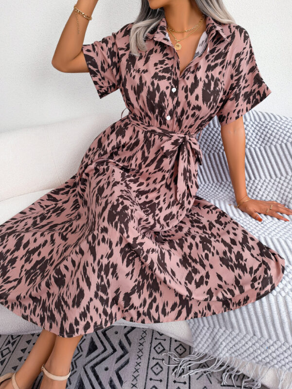 Leisure Leopard Print Lace-Up Shirt Dress, Stylish Loose-Fit Leopard Print Dress with Lace-Up Detail, Trendy Casual Shirt Dress with Leopard Print