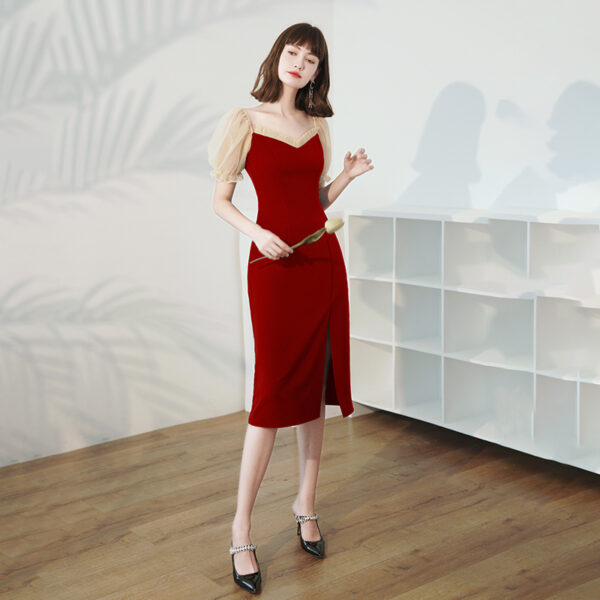 Burgundy Medium-Length Dress for Women, Elegant Burgundy Dress, Stylish Mid-Length Women’s Gown