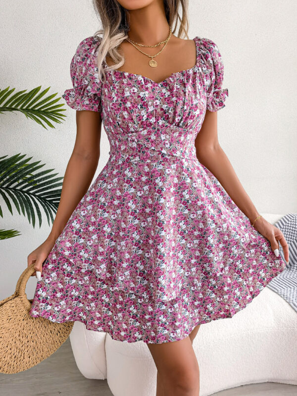 Women's Mini Dress with Big Swing Loose Hem and Flower Print, Temperament Shirring Dress with Short Sleeves and High Waist, Stylish Summer Dress for Women