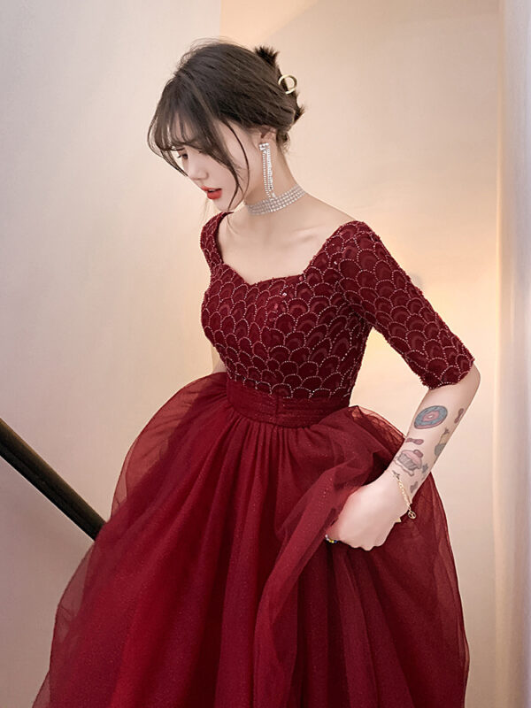 Wine Red Long Sleeve Engagement Evening Dress, Female Long Sleeve Back Door Evening Dress in Wine Red, Elegant Wine Red Evening Dress with Long Sleeves