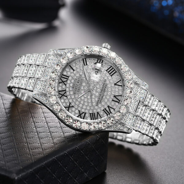 Full Diamond Surface Roman Scale Steel Watch, Luxury Diamond-Encrusted Roman Scale Steel Watch, Elegant Full-Diamond Roman Steel Watch