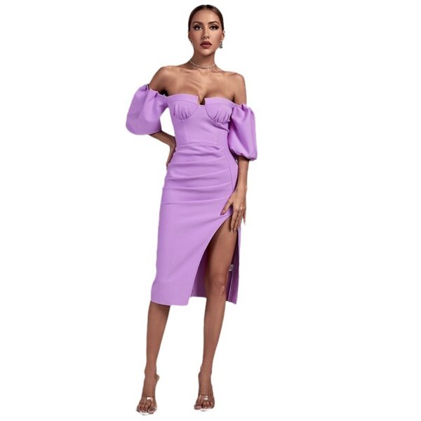 Women's Solid Color Lantern Sleeve Bandage Dress, Trendy Bandage Dress with Lantern Sleeves, Stylish Solid Color Lantern Sleeve Dress