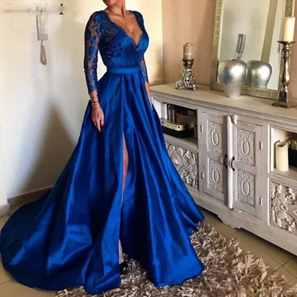 Lace V-Neck Evening Dress with Large Swing, Elegant V-Neck Lace Dress with Full Skirt, Stylish Large Swing Evening Dress