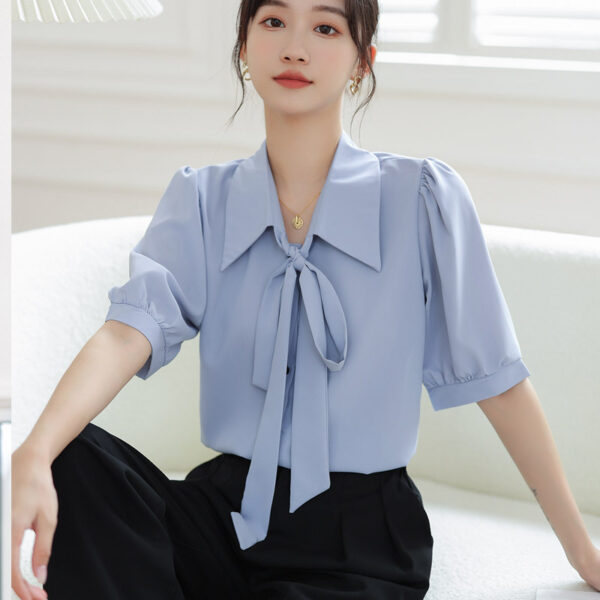 Smoke Blue Short-Sleeved Chiffon Shirt with Korean Style Ribbon Detail, Elegant Smoke Blue Chiffon Top with Short Sleeves, Korean-Inspired Smoke Blue Chiffon Shirt with Ribbon Accent