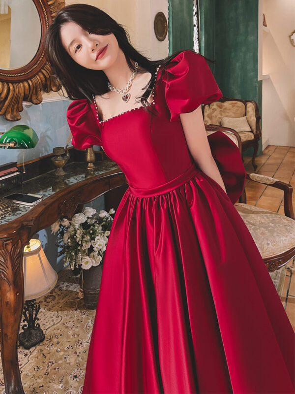 Winter Wine Red Satin Dress, French Princess Engagement Dress, Daily Wear Wine Red Satin Gown