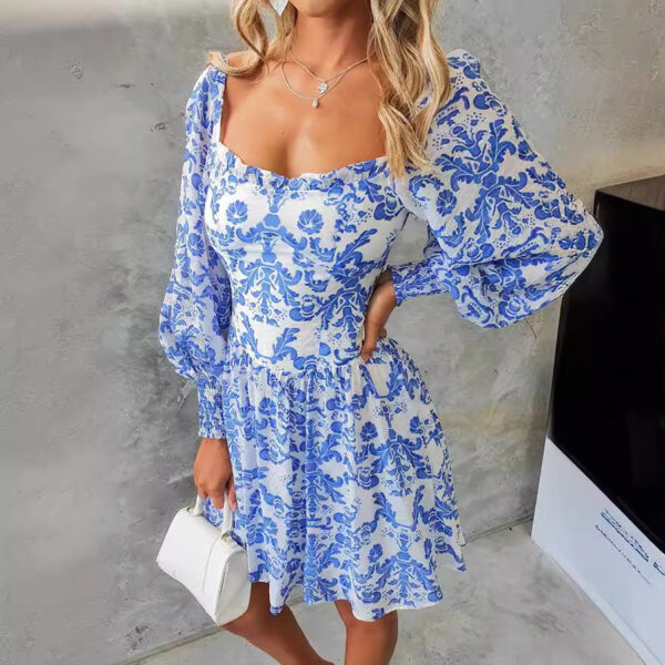 Square Collar Printed Long Sleeve Mini Dress for Women, Stylish Mini Dress with Square Collar and Long Sleeves, Trendy Printed Long Sleeve Mini Dress