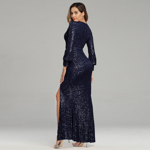 Fantasy Celebrity Sequined Evening Dress, Sexy High Slit Long Sleeve Banquet Gown, Elegant Women’s Sequined Dress