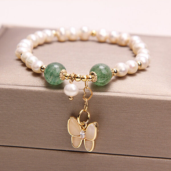 Freshwater Pearl Strawberry Quartz Bracelet with Opal Butterfly, Elegant Female Bracelet with Freshwater Pearls and Strawberry Quartz