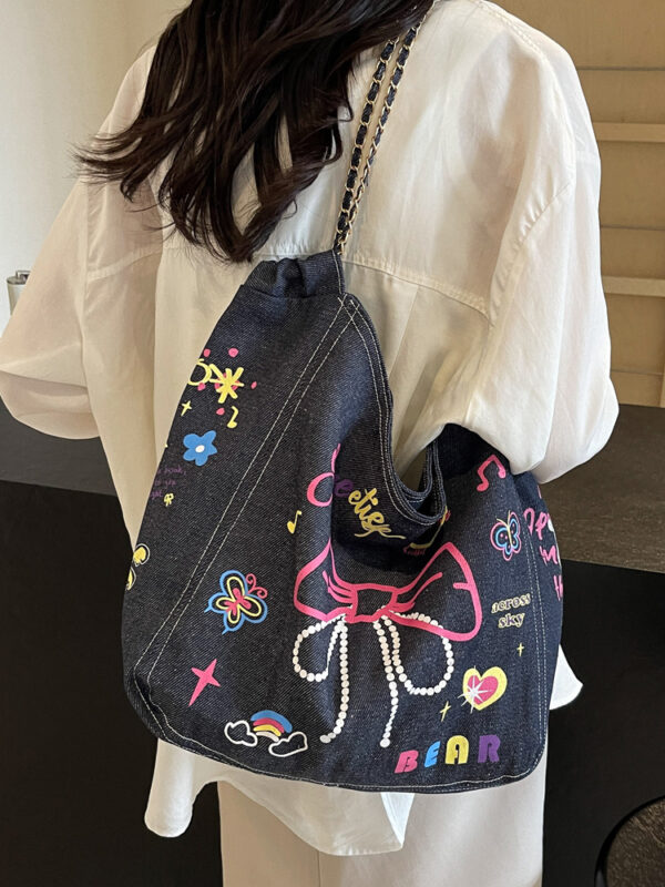 Women's Graffiti Denim Canvas Shoulder Bag, Niche Large Capacity Casual Tote, Stylish Single Shoulder Bag for Women