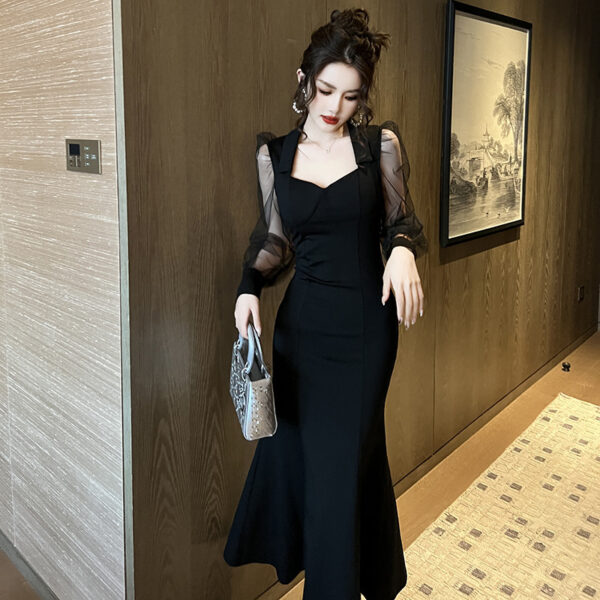 French Style Square Collar Long Dress for Women, Hepburn Style Elegant Socialite Mesh Puff Sleeve Fishtail Dress, Stylish French Square Collar Fishtail Dress