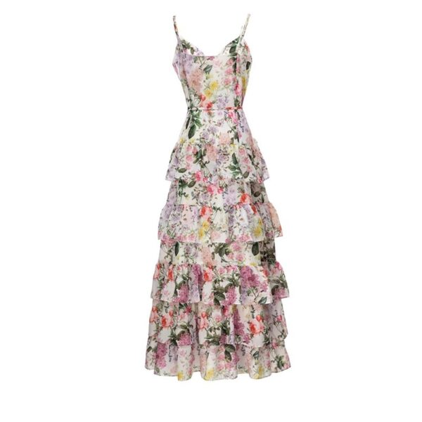 Elegant Single-Breasted Spaghetti-Strap Floral Print Dress, New Ruffled Large Swing Dress, Stylish Floral Print Ruffled Dress