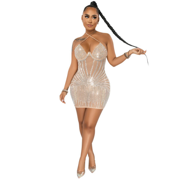 Sling Wrapped Chest Rhinestone Mesh Perspective Skirt Dress, Trendy Rhinestone Mesh Dress with Sling and Wrapped Chest, Stylish Perspective Skirt Dress