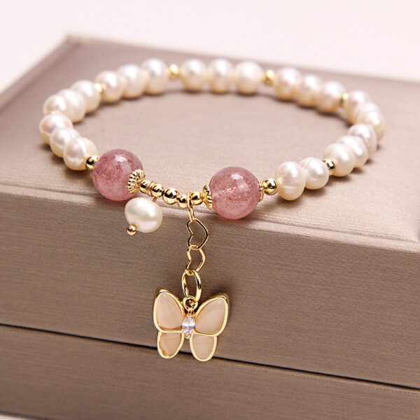 Freshwater Pearl Strawberry Quartz Bracelet with Opal Butterfly, Elegant Female Bracelet with Freshwater Pearls and Strawberry Quartz