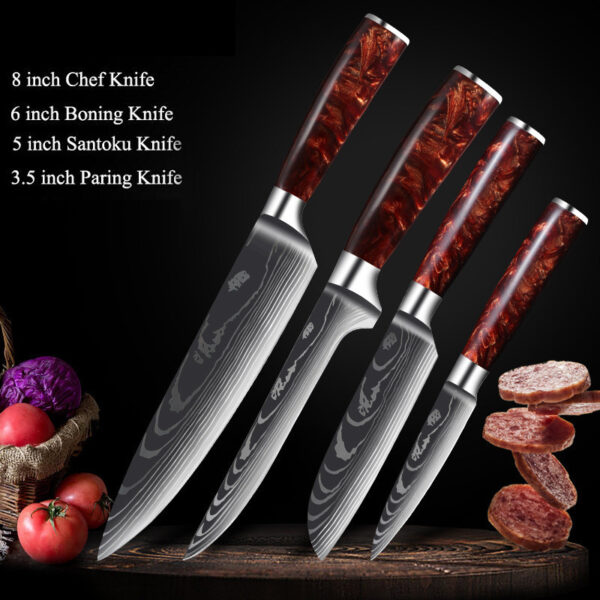 Red Resin Handle Damascus Laser Pattern Kitchen Knife Set, Stylish Damascus Kitchen Knives with Red Resin Handle, Premium Damascus Steel Knife Set with Laser Pattern