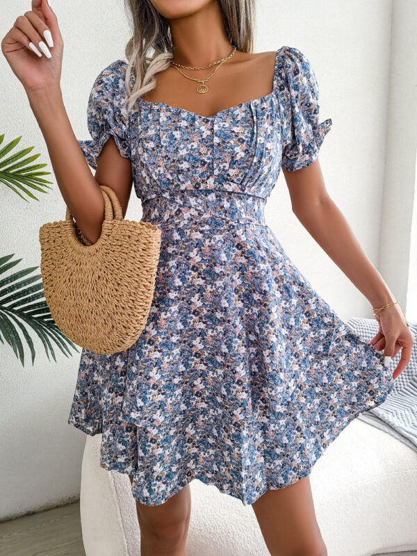 Women's Mini Dress with Big Swing Loose Hem and Flower Print, Temperament Shirring Dress with Short Sleeves and High Waist, Stylish Summer Dress for Women