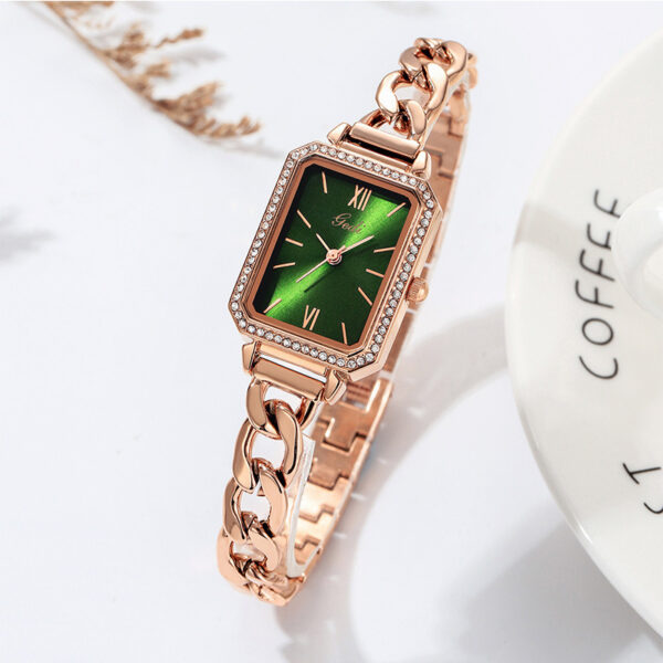 Luxury Rhinestone Denim Watch with Small Green Accent, Elegant Denim Watch with Rhinestones and Green Detail