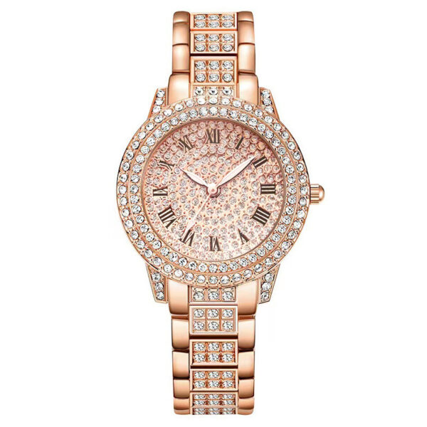 Women's Diamond Roman Quartz Watch Five-Piece Set, Elegant Diamond-Accented Roman Quartz Watch Set for Women