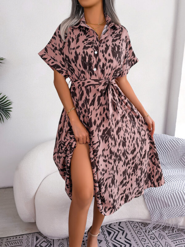 Leisure Leopard Print Lace-Up Shirt Dress, Stylish Loose-Fit Leopard Print Dress with Lace-Up Detail, Trendy Casual Shirt Dress with Leopard Print