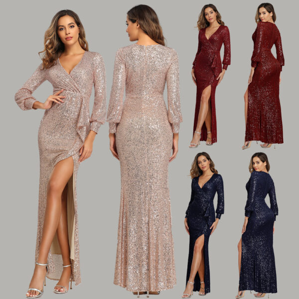 Fantasy Celebrity Sequined Evening Dress, Sexy High Slit Long Sleeve Banquet Gown, Elegant Women’s Sequined Dress