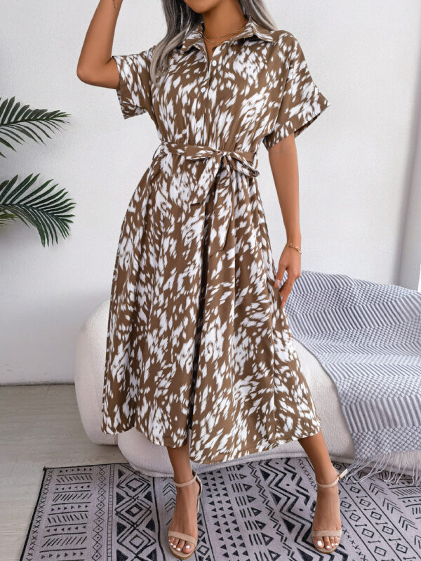 Leisure Leopard Print Lace-Up Shirt Dress, Stylish Loose-Fit Leopard Print Dress with Lace-Up Detail, Trendy Casual Shirt Dress with Leopard Print