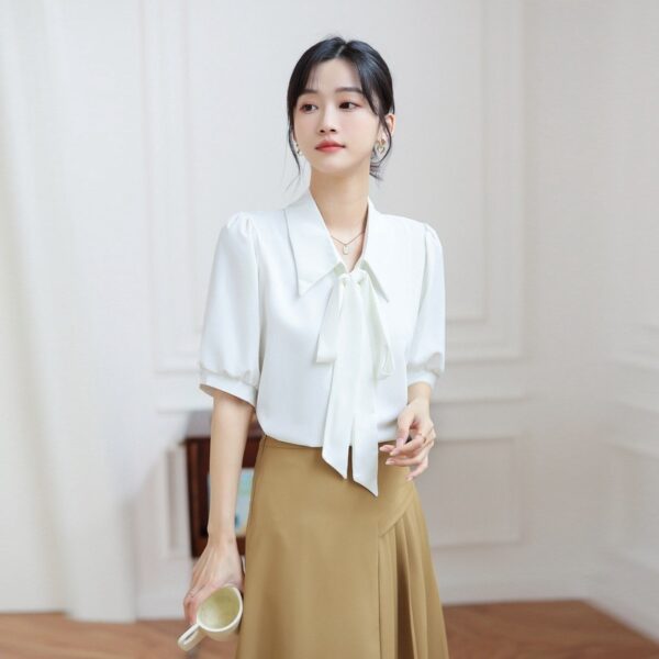 Smoke Blue Short-Sleeved Chiffon Shirt with Korean Style Ribbon Detail, Elegant Smoke Blue Chiffon Top with Short Sleeves, Korean-Inspired Smoke Blue Chiffon Shirt with Ribbon Accent