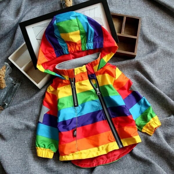 Colorful Kids' Rainbow Raincoat, Vibrant Hooded Jacket for Children, Lightweight Waterproof Coat for Kids