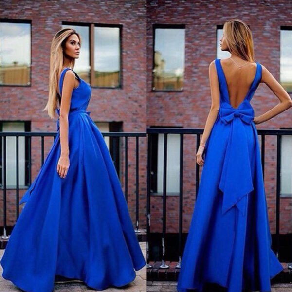 Deep V-Neck Sleeveless Backless Bow Ball Evening Dress, Elegant Backless Evening Dress with Deep V-Neck and Bow Detail, Stylish Sleeveless Ball Gown