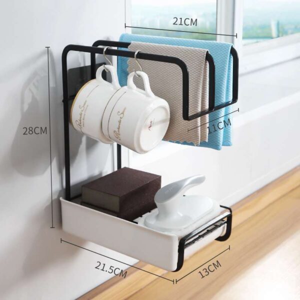 Wall-Mounted Sponge Holder with Drain Tray, Kitchen Organizer for Sponges and Brushes, Adjustable Sink Rack for Soap and Dish Drainage