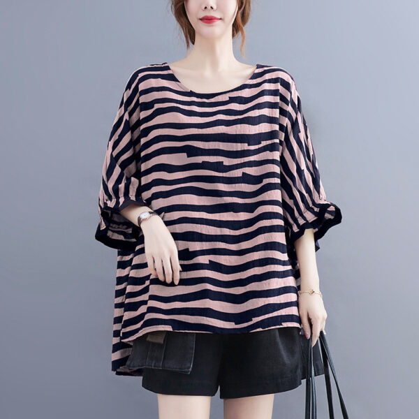 Summer Women's Loose Plus Size Striped Batwing Sleeve T-shirt, Plus Size Striped Batwing Sleeve T-shirt for Summer, Women's Summer Loose Striped Batwing T-shirt