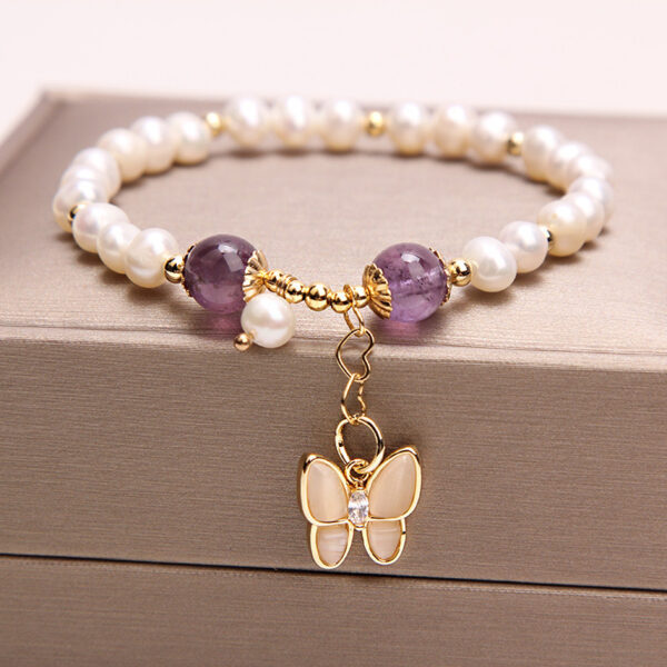 Freshwater Pearl Strawberry Quartz Bracelet with Opal Butterfly, Elegant Female Bracelet with Freshwater Pearls and Strawberry Quartz