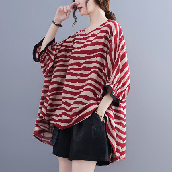 Summer Women's Loose Plus Size Striped Batwing Sleeve T-shirt, Plus Size Striped Batwing Sleeve T-shirt for Summer, Women's Summer Loose Striped Batwing T-shirt