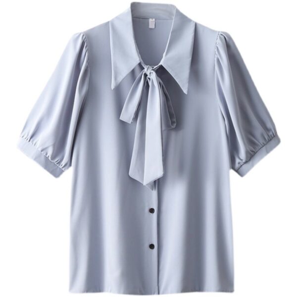 Smoke Blue Short-Sleeved Chiffon Shirt with Korean Style Ribbon Detail, Elegant Smoke Blue Chiffon Top with Short Sleeves, Korean-Inspired Smoke Blue Chiffon Shirt with Ribbon Accent