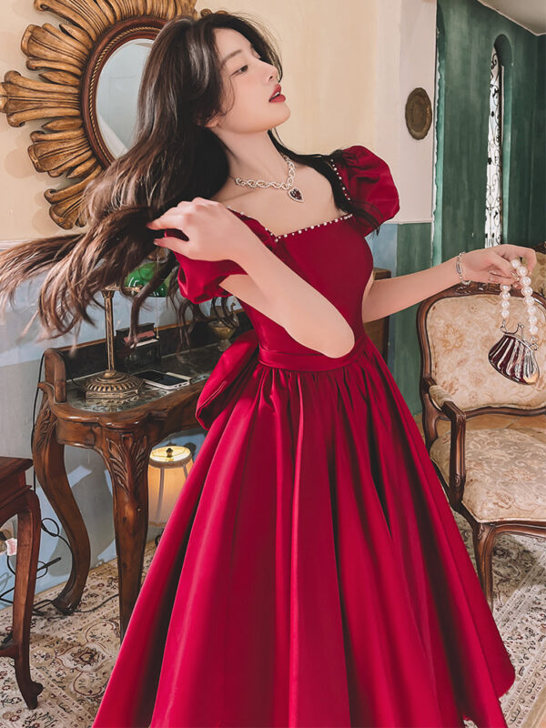 Winter Wine Red Satin Dress, French Princess Engagement Dress, Daily Wear Wine Red Satin Gown