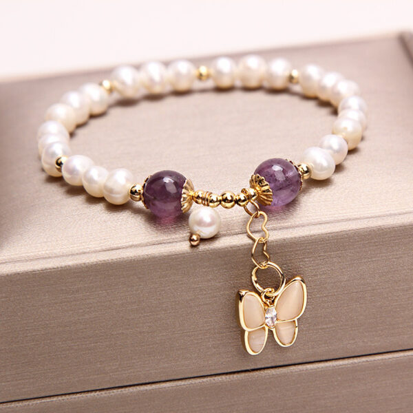 Freshwater Pearl Strawberry Quartz Bracelet with Opal Butterfly, Elegant Female Bracelet with Freshwater Pearls and Strawberry Quartz