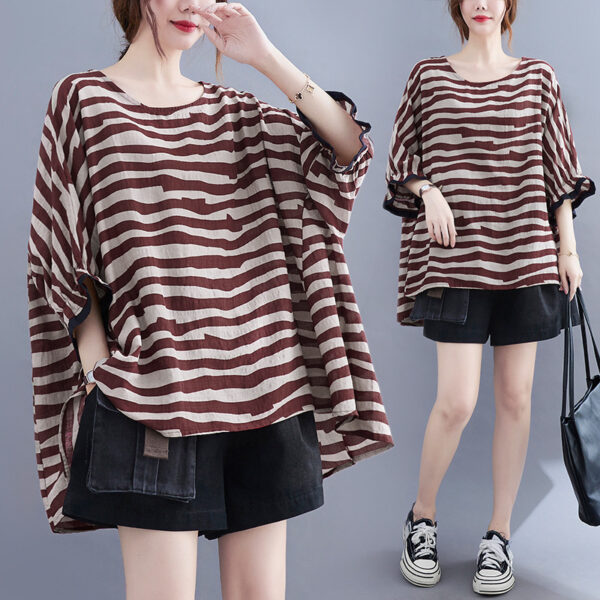 Summer Women's Loose Plus Size Striped Batwing Sleeve T-shirt, Plus Size Striped Batwing Sleeve T-shirt for Summer, Women's Summer Loose Striped Batwing T-shirt