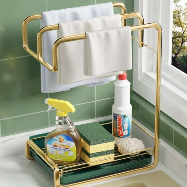 Wall-Mounted Sponge Holder with Drain Tray, Kitchen Organizer for Sponges and Brushes, Adjustable Sink Rack for Soap and Dish Drainage