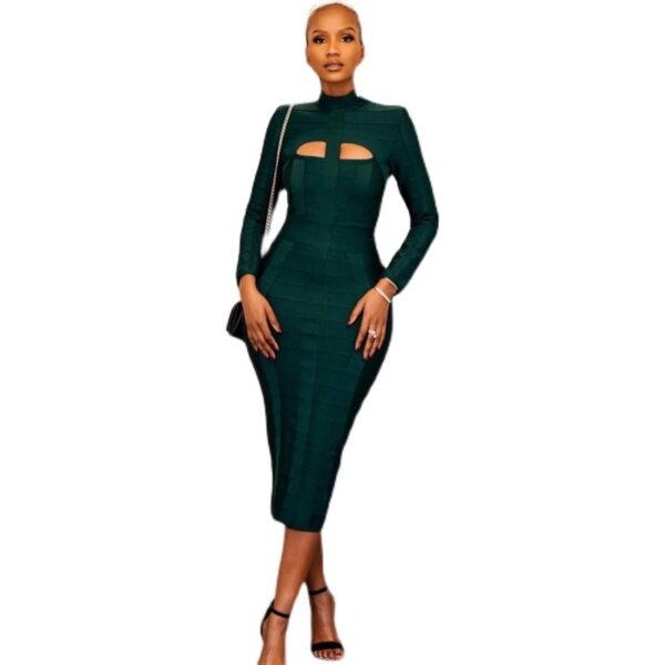 Dark Green Stand Collar Long Sleeve Bandage Dress, Slim Fit Elegant Bandage Gown, Stylish Long Sleeve Green Dress